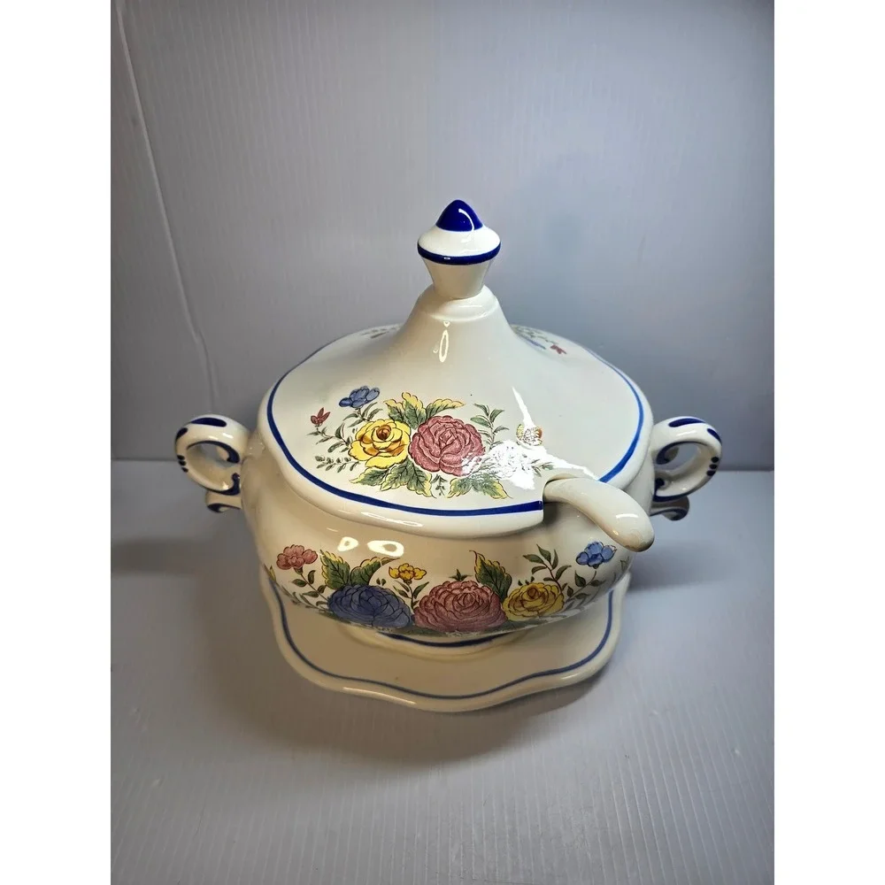 Vintage Ceramic Soup Tureen with Ladle‎ and Underplate Floral Design Blue Trim